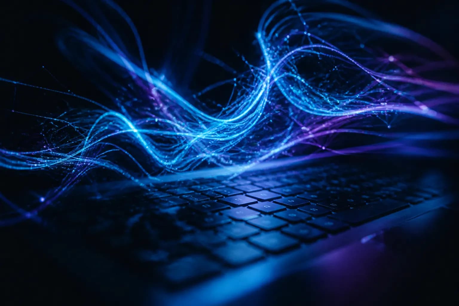 Cyan neural filaments weaving above a dark keyboard