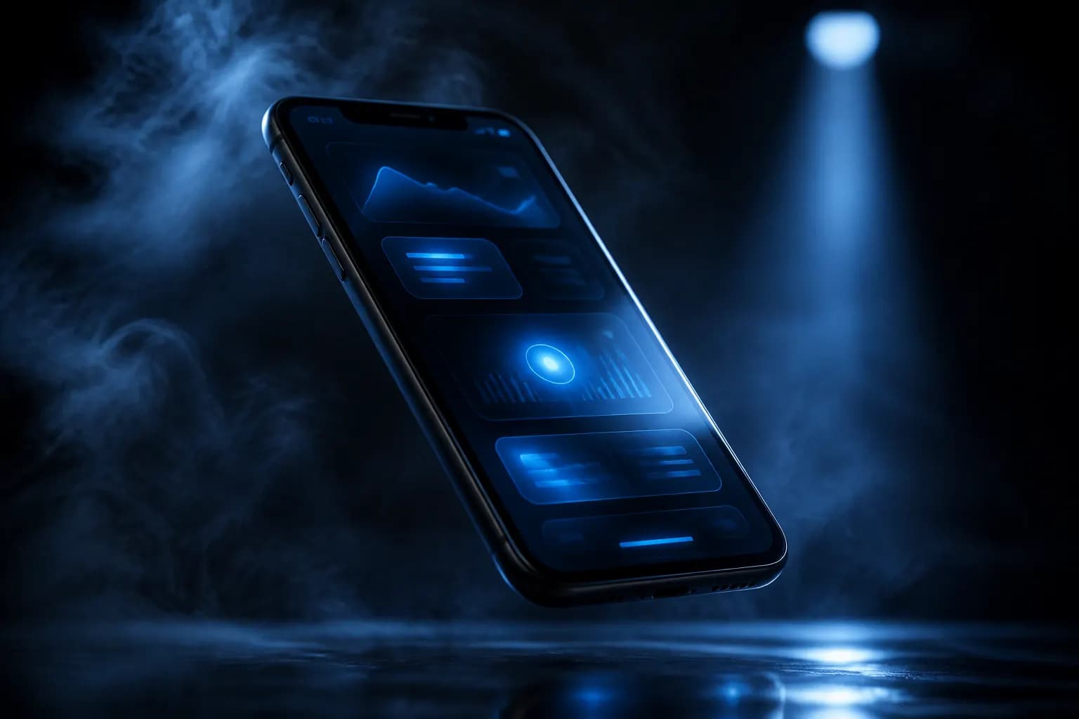 Smartphone hovering in studio fog with a luminous interface glow