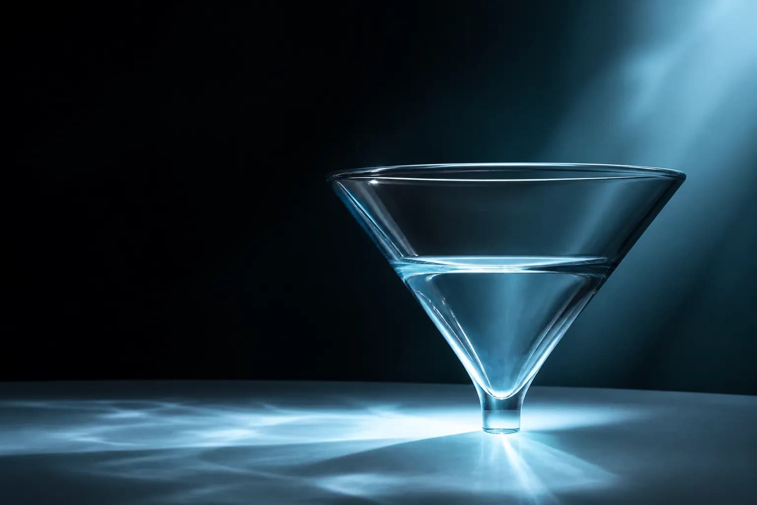 Glass funnel with light pouring through onto a white surface