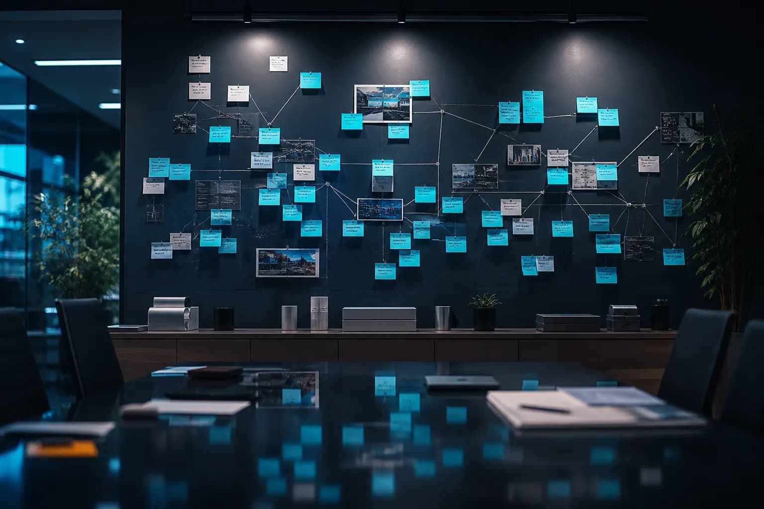Strategy board with sticky notes reflected in a glass table
