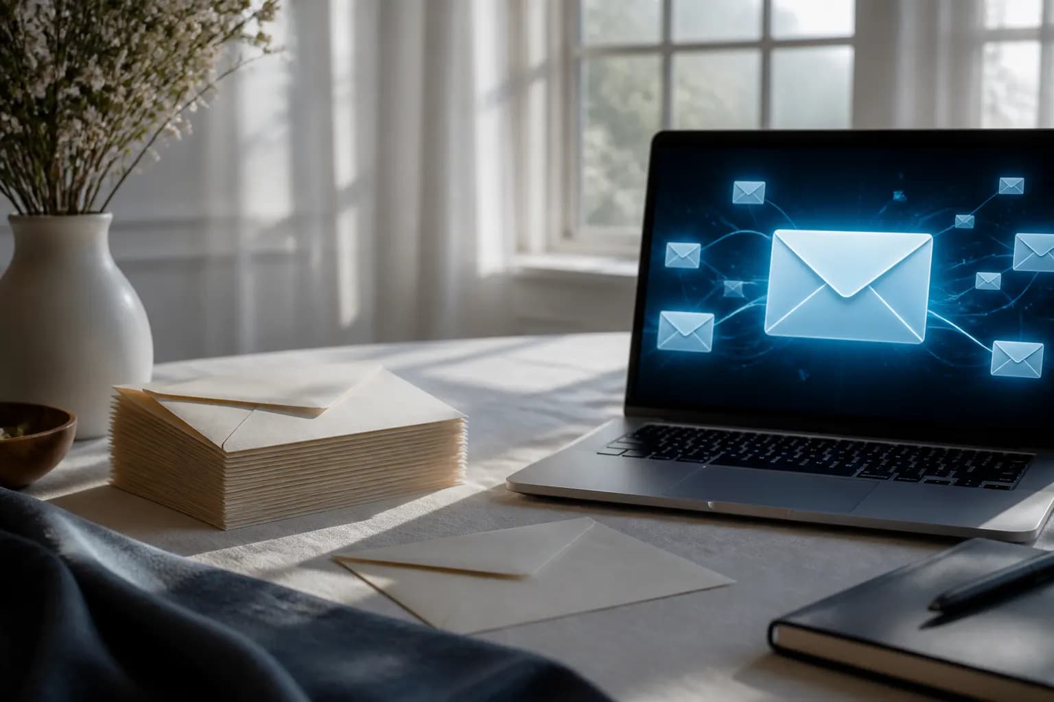 Cream envelopes and a laptop with an abstract inbox glow