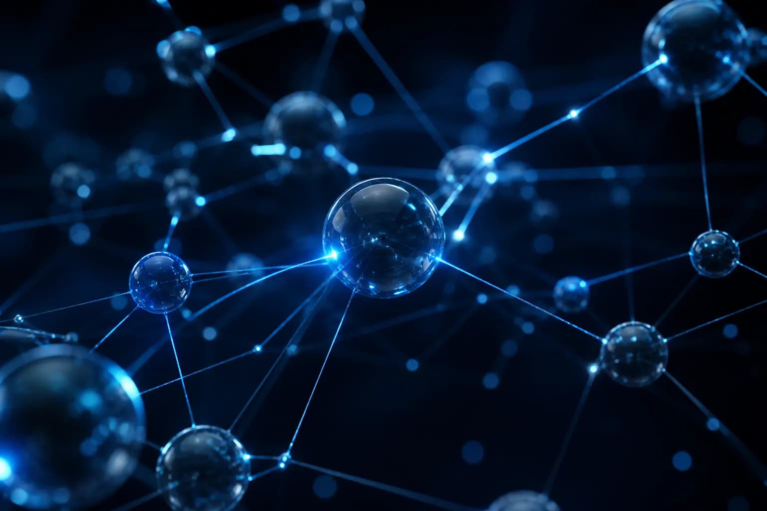 Glass nodes connected by glowing threads in a dark studio