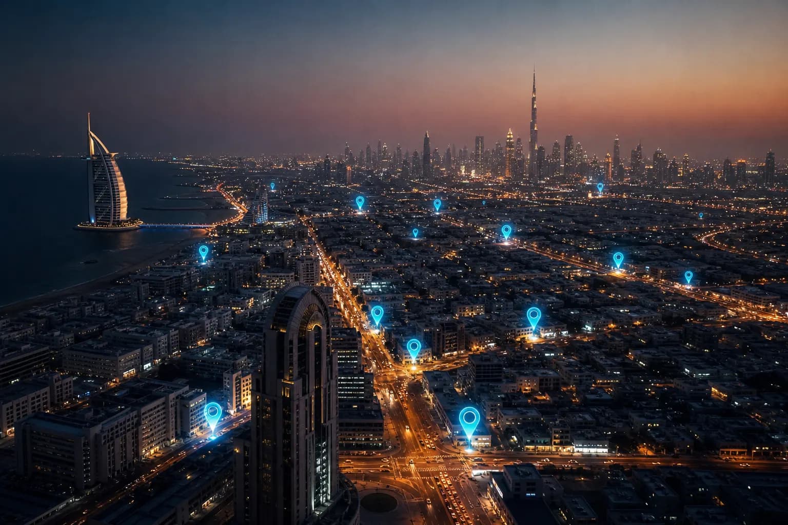 Dusk city streets with glowing location pins over intersections