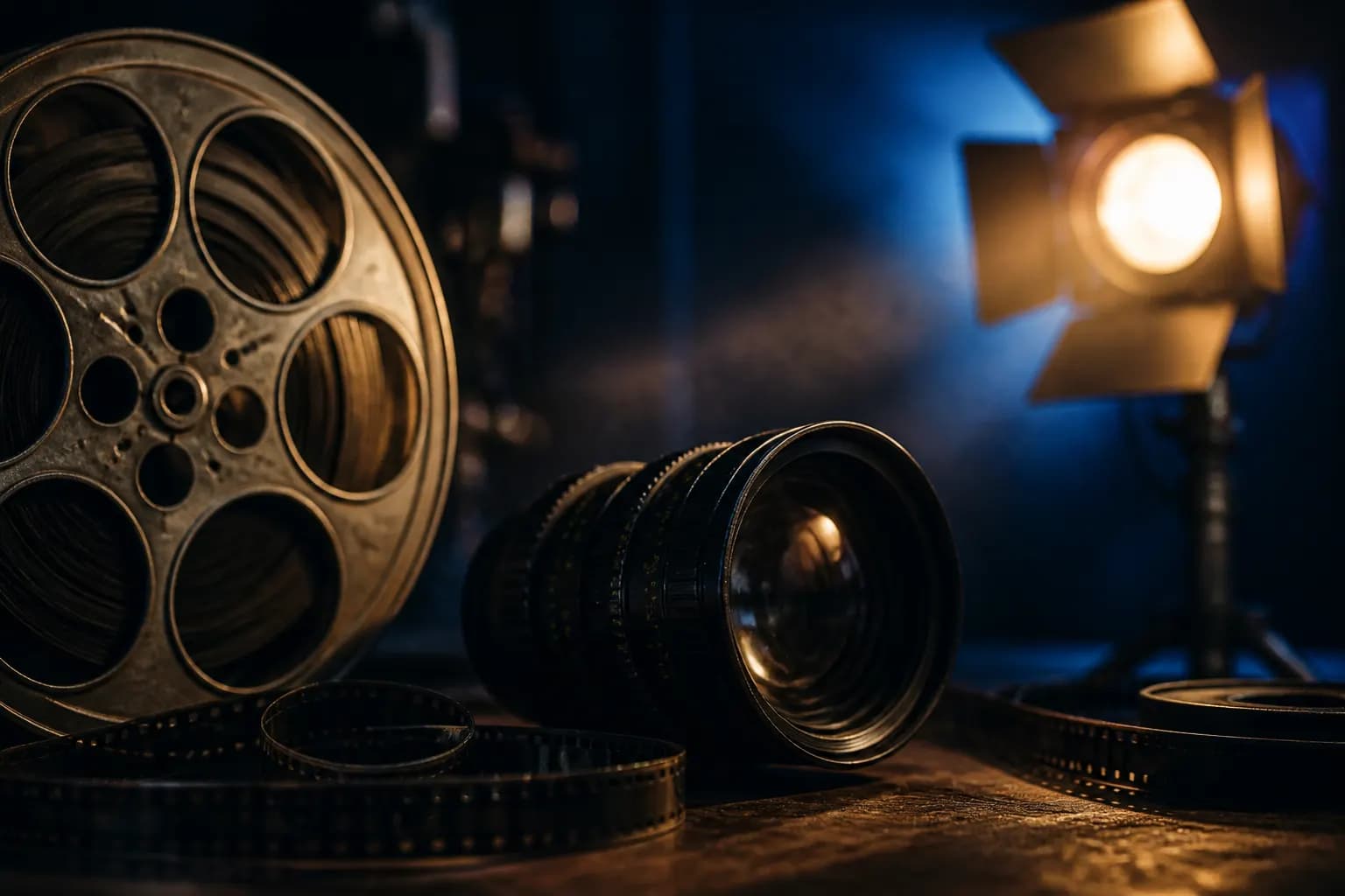 Cinema lens and film reel in tungsten haze