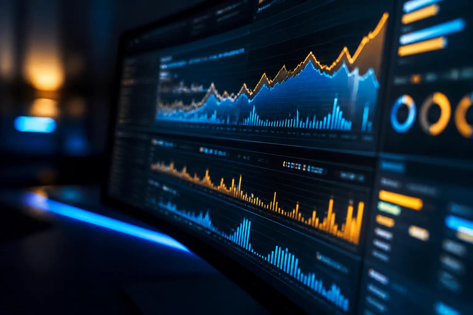 Dark studio monitor showing abstract paid-media dashboards