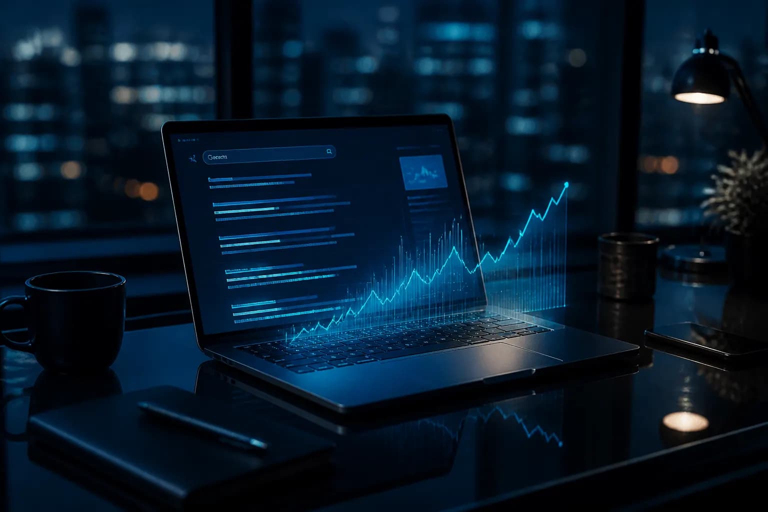 Night desk with a glowing search graph hovering over a laptop