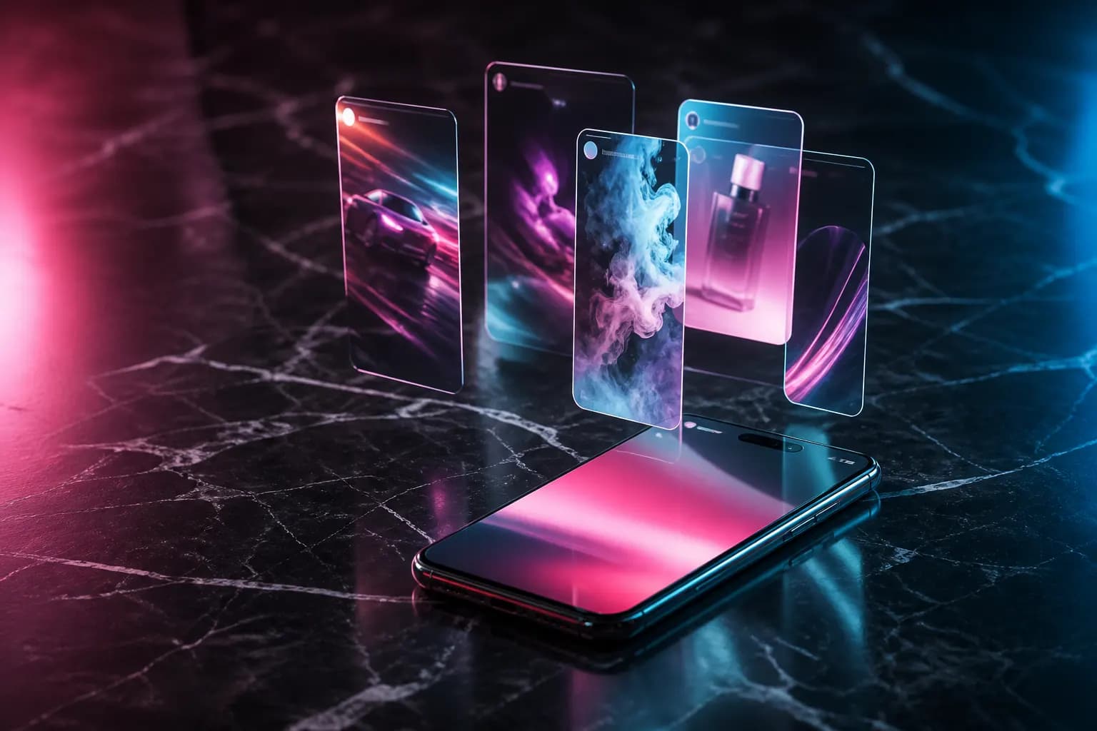 Smartphone on dark marble with glowing story-shaped light frames