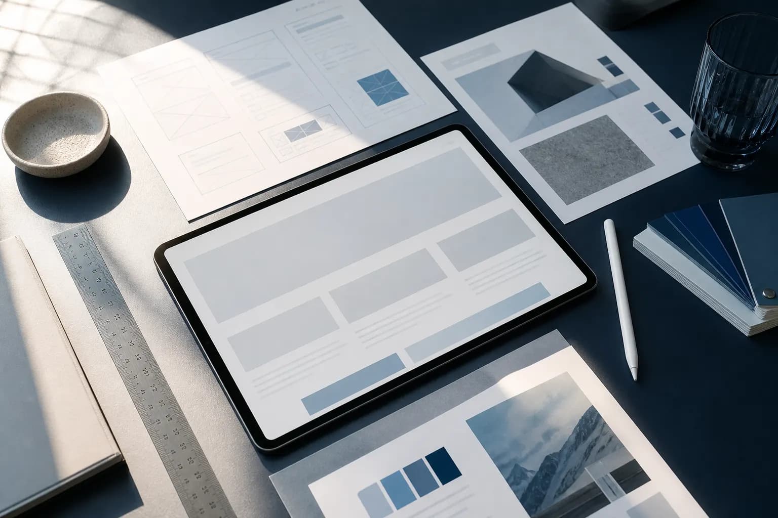 Editorial desk of wireframes, a tablet grid, and colour chips