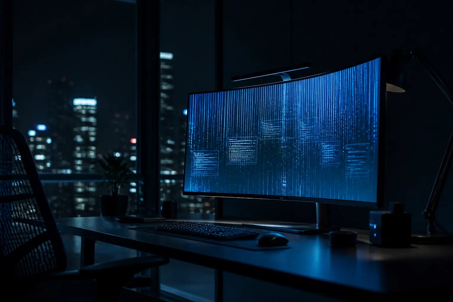 Ultrawide display of abstract code glow against a night window